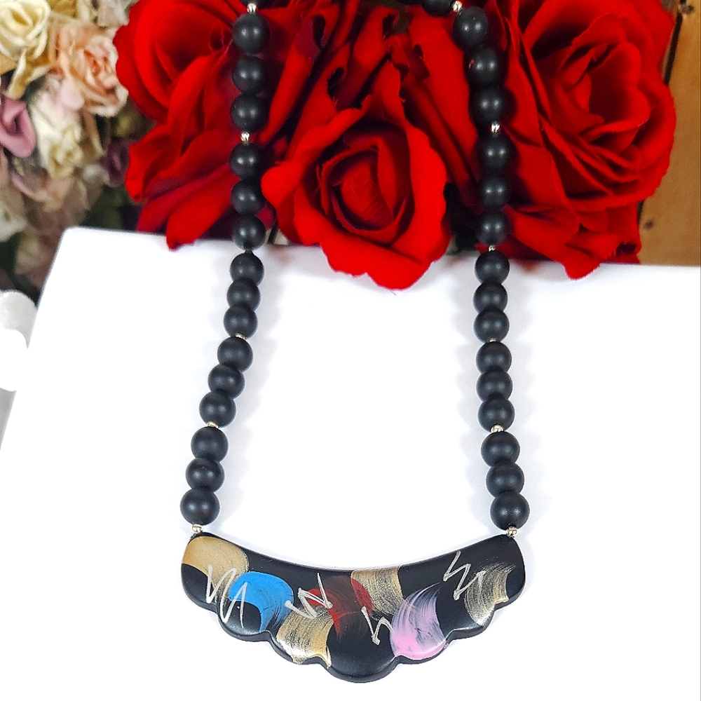 Vintage Blue Pink Gold Paint Splash Black Wavey Bib Necklace Statement Necklace